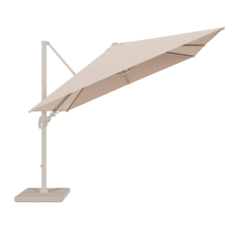 Avola zweefparasol met tiltfunctie in beige aluminium en Natte Linen Chalk Sunbrella Premium parasoldoek - L1 300 x L2 300 cm - met parasolvoet Pedito 120 kg