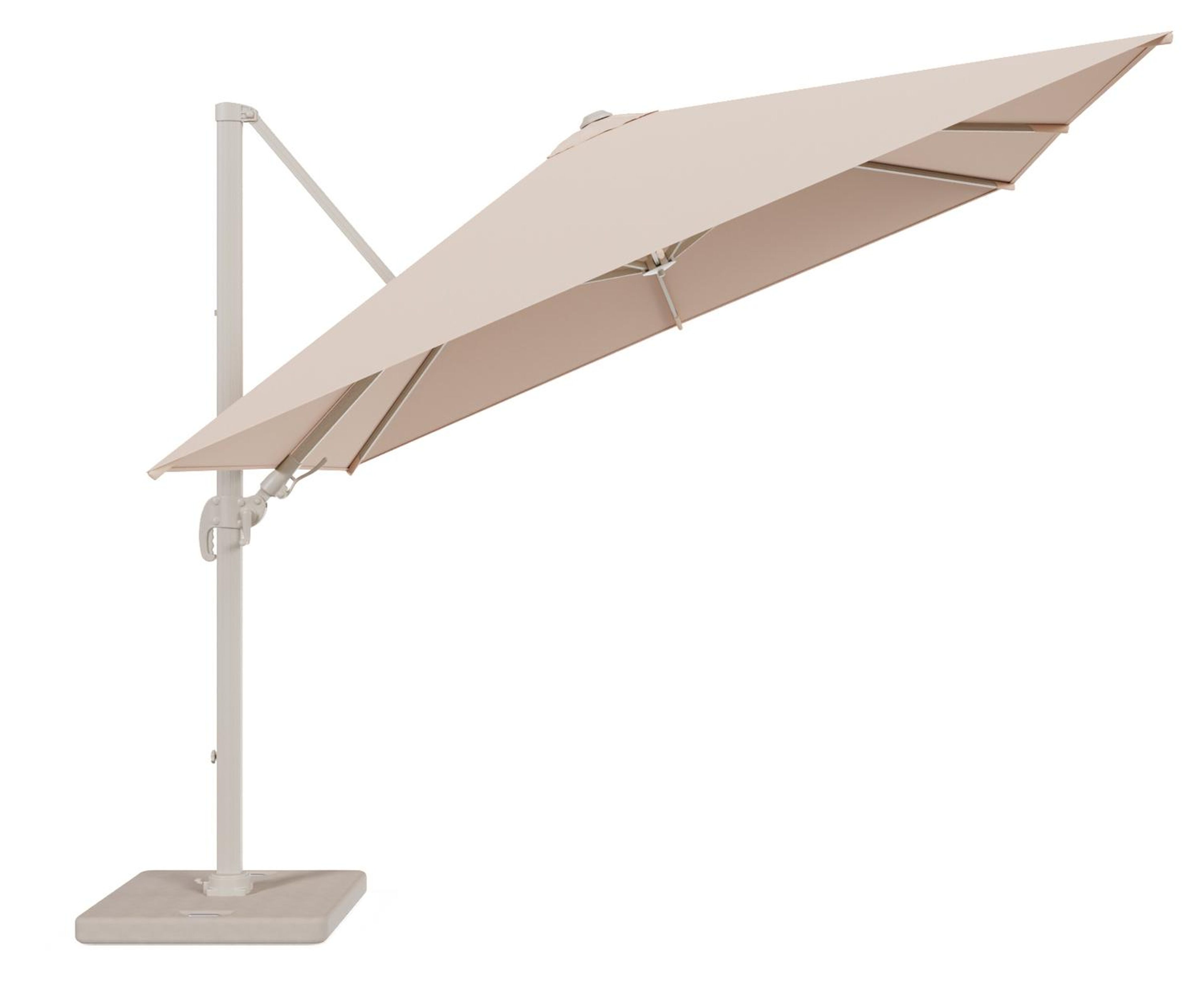 Avola zweefparasol met tiltfunctie in beige aluminium en Natte Linen Chalk Sunbrella Premium parasoldoek - L1 300 x L2 300 cm - met parasolvoet Pedito 120 kg