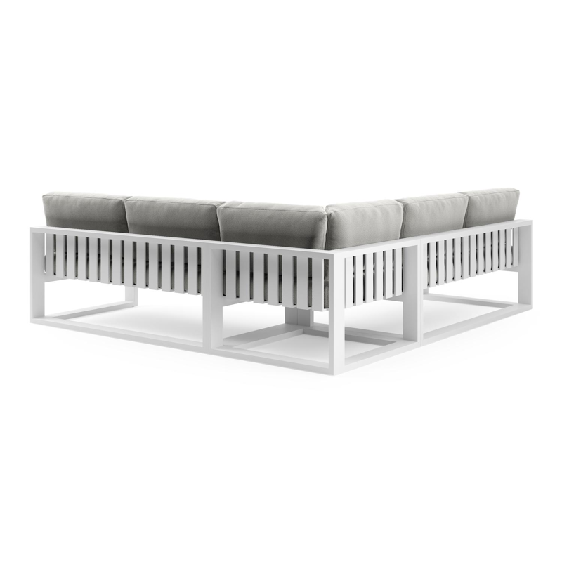 Salon de jardin d'angle Verato en aluminium blanc et coussins en all weather sunbrella® luxe lopi ash