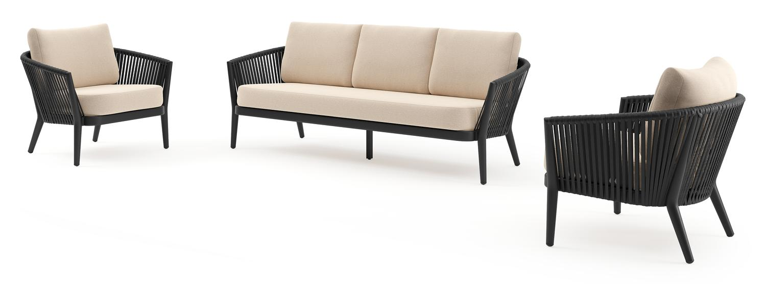 Orso loungeset in zwart aluminium en zwart verticaal geweven ronde rope met Heritage Papyrus all weather sunbrella® luxe kussen