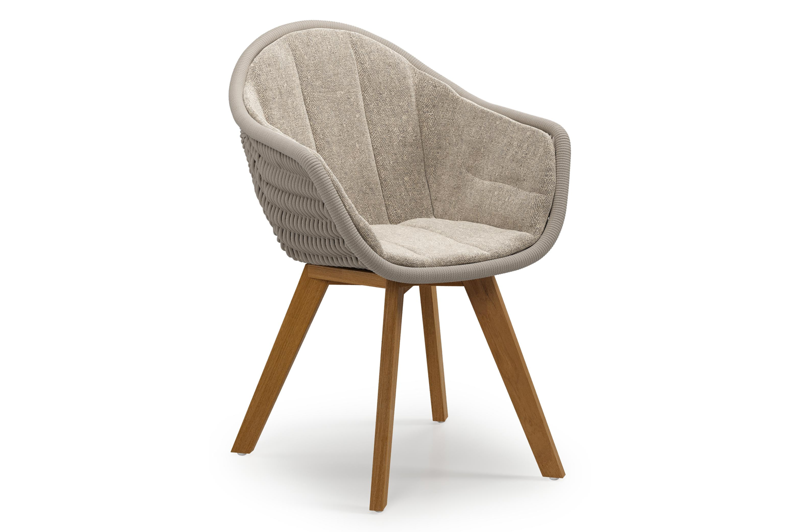 Chaise de jardin Pagino en teck et résine tressée ronde beige avec coussin en chartres pewter all weather sunbrella® luxe