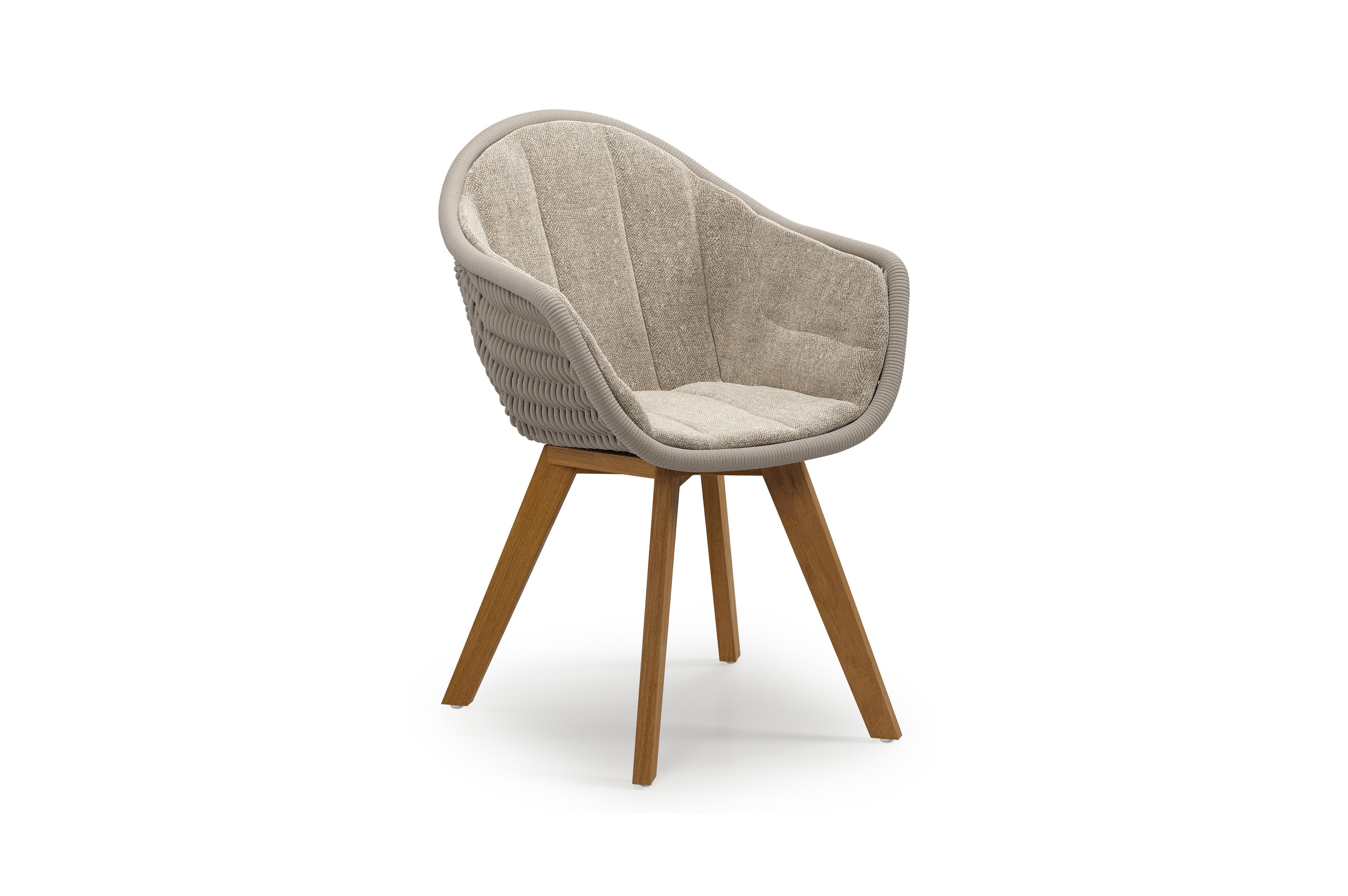 Pagino tuinstoel in teak en beige ronde wicker met kussen in chartres pewter all weather sunbrella® luxe