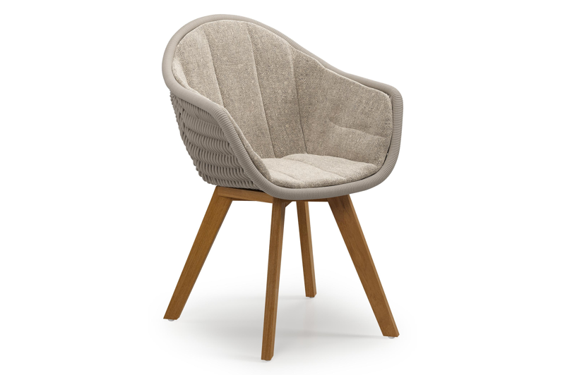 Pagino tuinstoel in teak en beige ronde wicker met kussen in chartres pewter all weather sunbrella® luxe