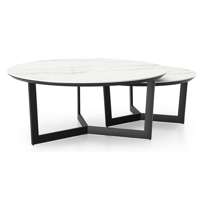 Lacrima set van 2 loungetafels rond in zwart aluminium en volkeramiek Calacatta - Dia. 85/65 x H 35/30 cm