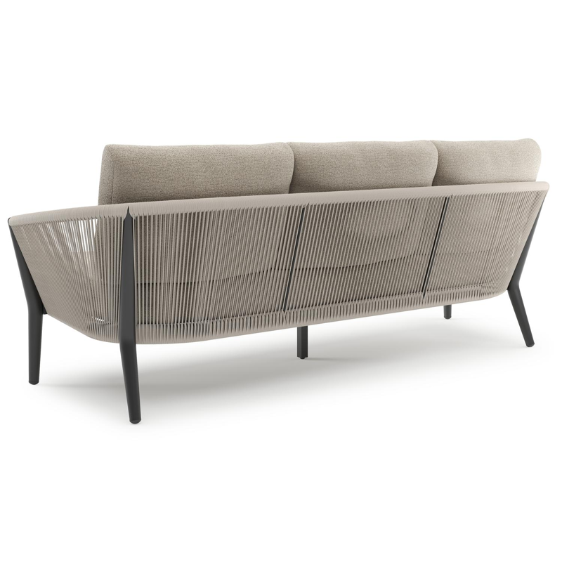 Orso loungeset in zwart aluminium en beige verticaal geweven ronde rope met Catania Greige all weather cosytica kussen