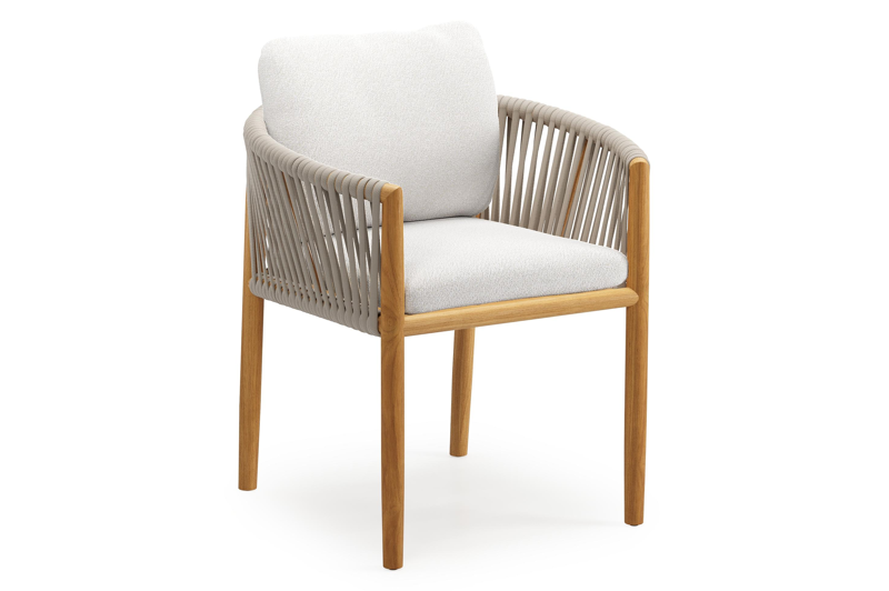 Organo tuinstoel in teak en beige verticaal geweven luxe vlakke rope met zitkussen in All Weather Solica Soul Optik