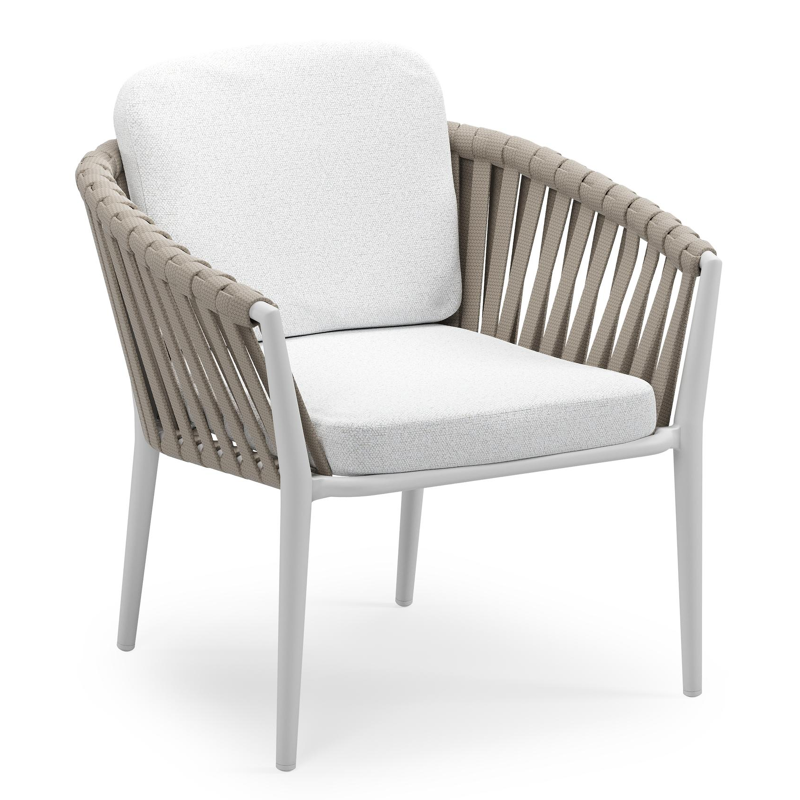 Orso low dining tuinstoel in wit aluminium en beige verticaal geweven luxe vlakke brede rope met stoelkussen in All Weather Solica Ego Birch