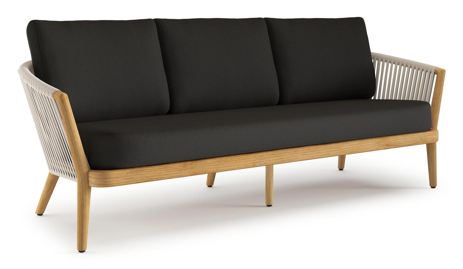 Orso loungebank in teak en beige verticaal geweven luxe vlakke rope met Heritage Char all weather sunbrella® luxe kussen