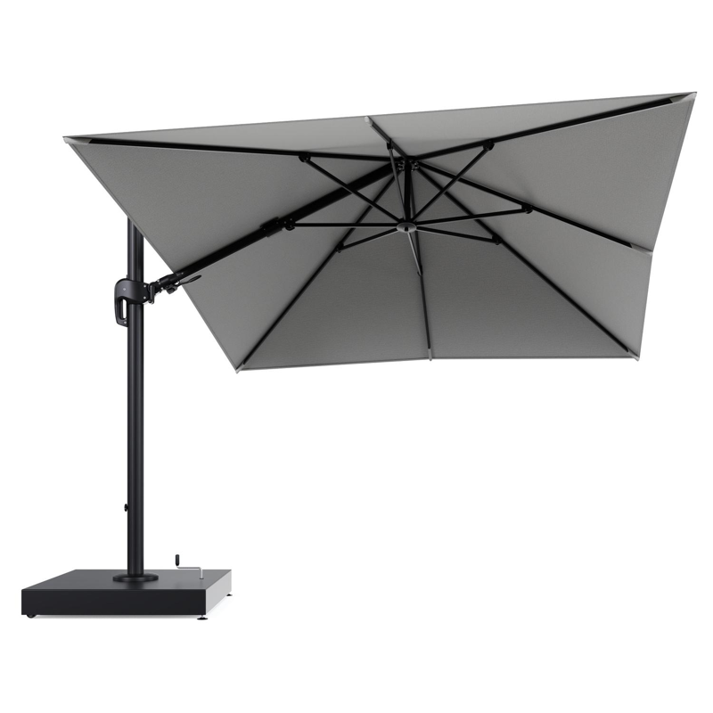 Rufina zweefparasol met tiltfunctie in zwart aluminium en Savane Nimbus All Weather Sunbrella® Luxe parasoldoek - L1 300 x L2 300 cm met parasolvoet Minore 260 kg met wielen