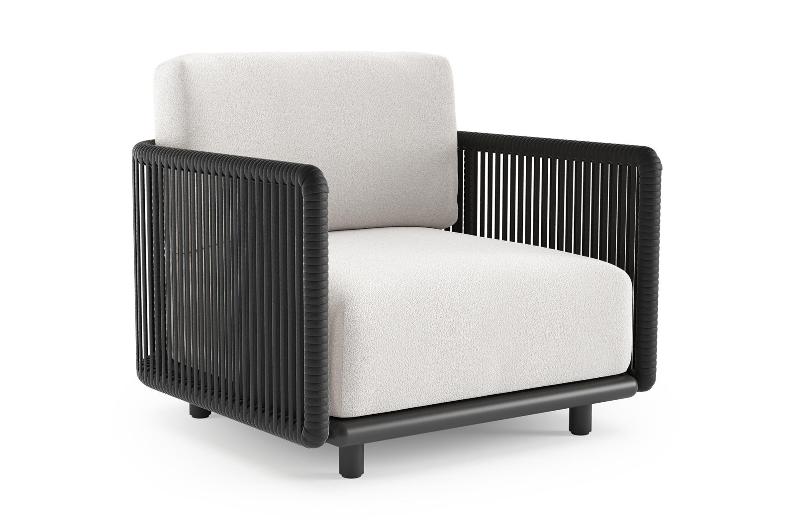 Fauteuil de jardin Organo en aluminium noir et corde luxe plate tissée verticalement noir et coussin en all weather Solica soul optik