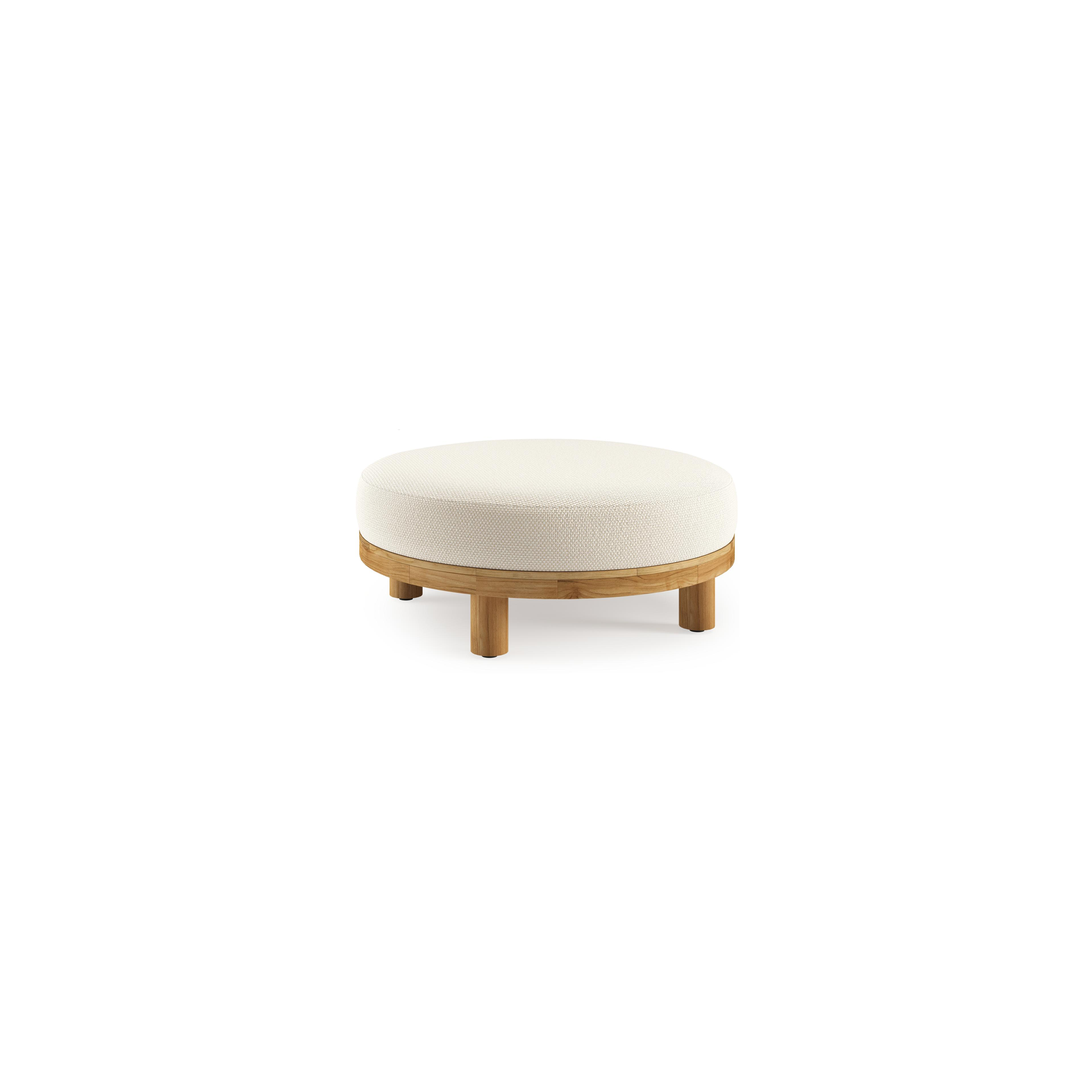 Donato lounge poef in teak en beige verticaal geweven ronde rope met all weather cosytica Althea Off White kussen