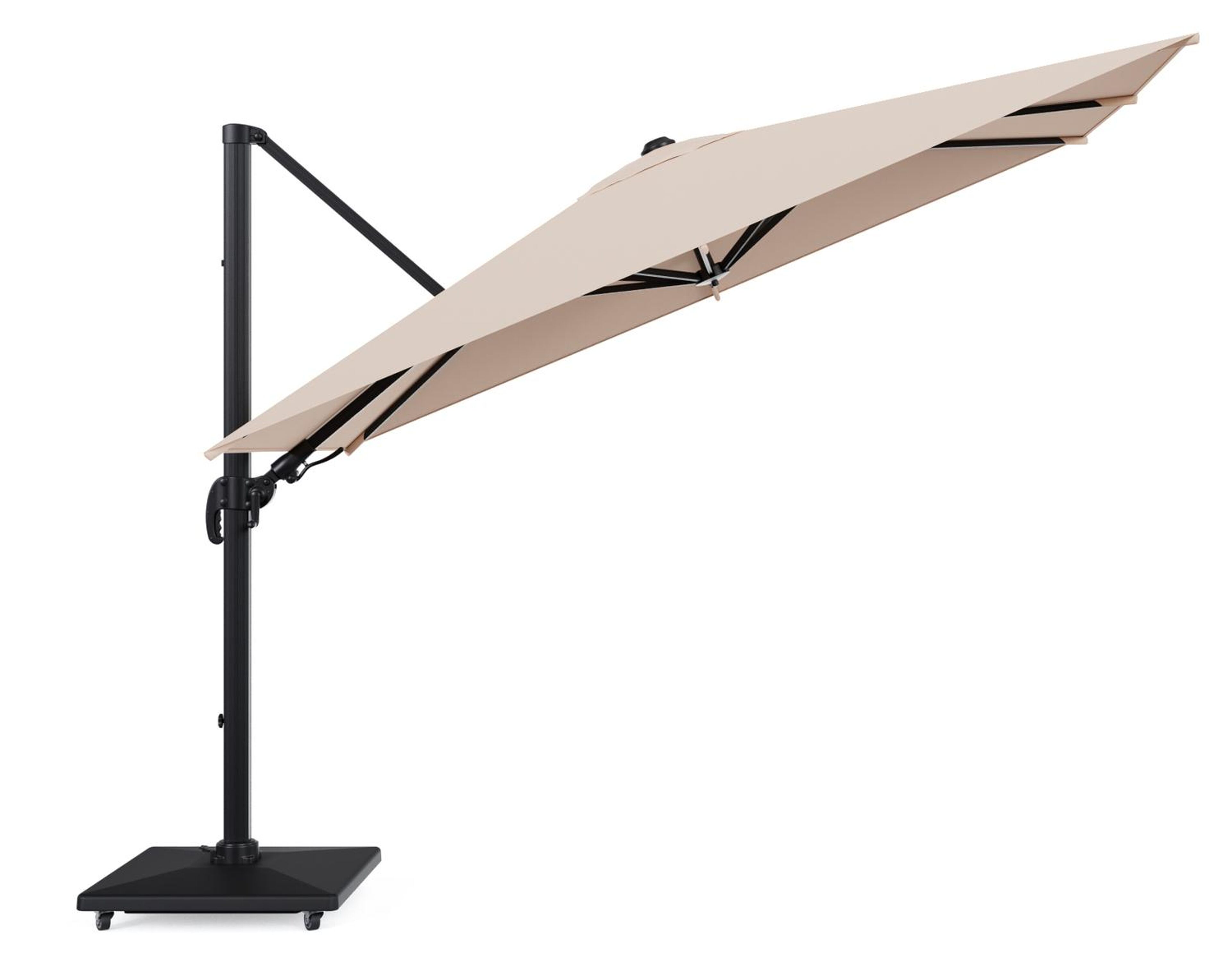 Avola zweefparasol met tiltfunctie in zwart aluminium en Natte Linen Chalk Sunbrella Premium parasoldoek - L1 200 x L2 300 cm met parasolvoet Avola 90 kg