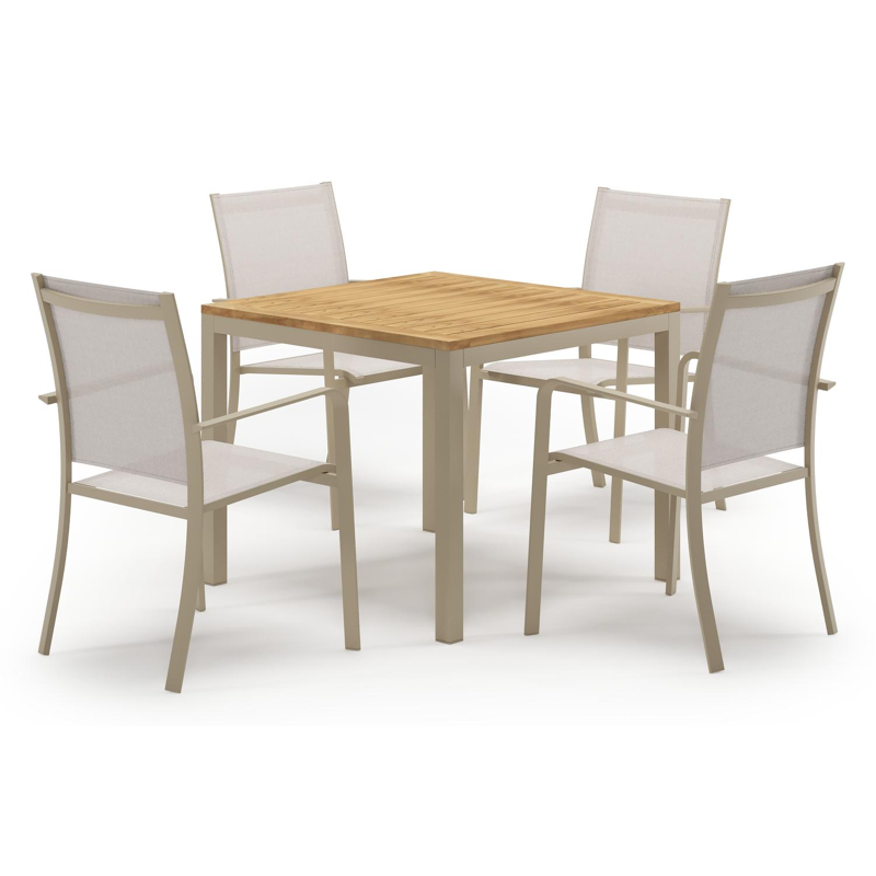 Ensemble de jardin Feltro en aluminium beige et teck natural finish avec 4 chaises de jardin empilable Calobra