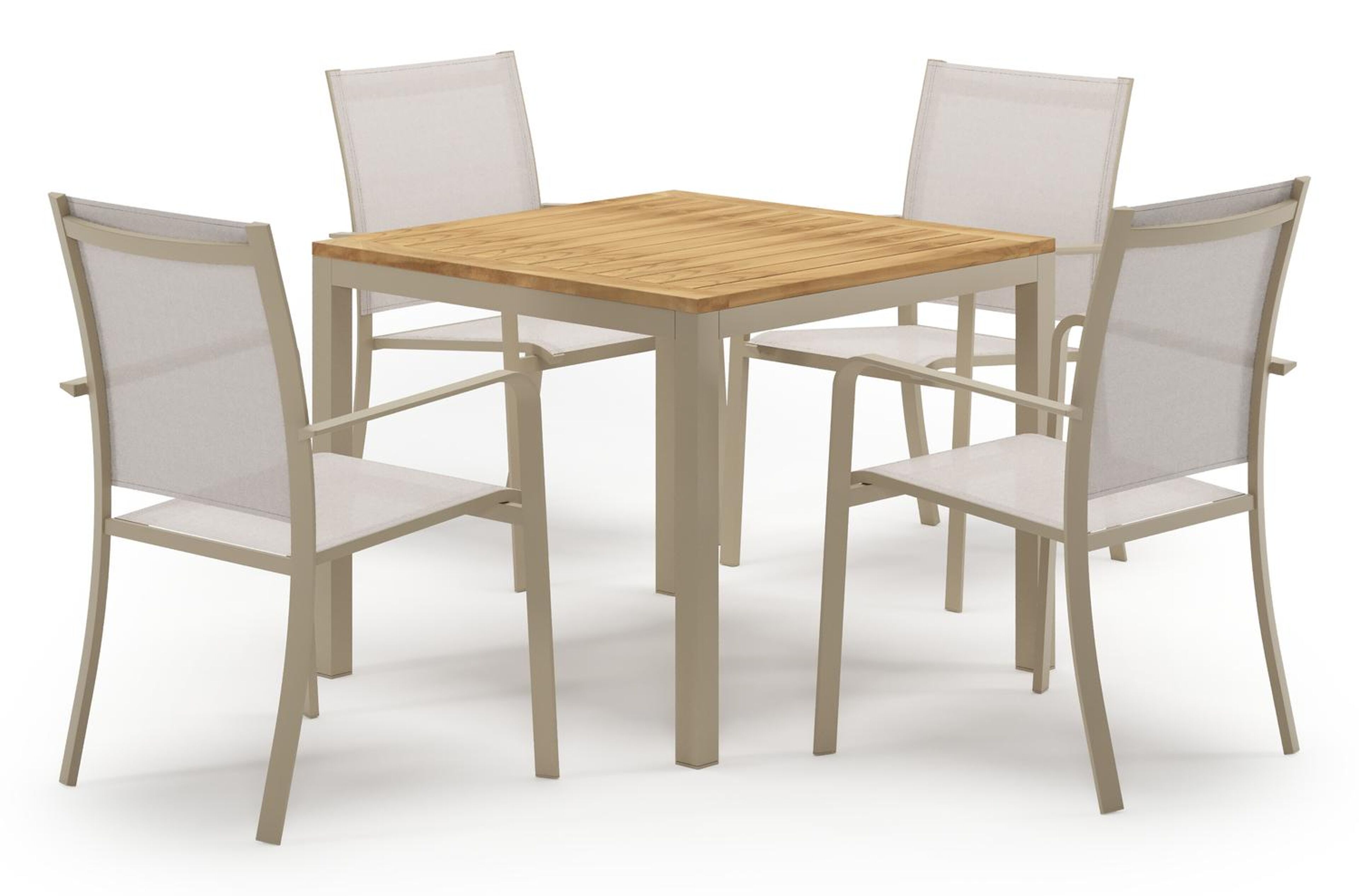 Ensemble de jardin Feltro en aluminium beige et teck natural finish avec 4 chaises de jardin empilable Calobra