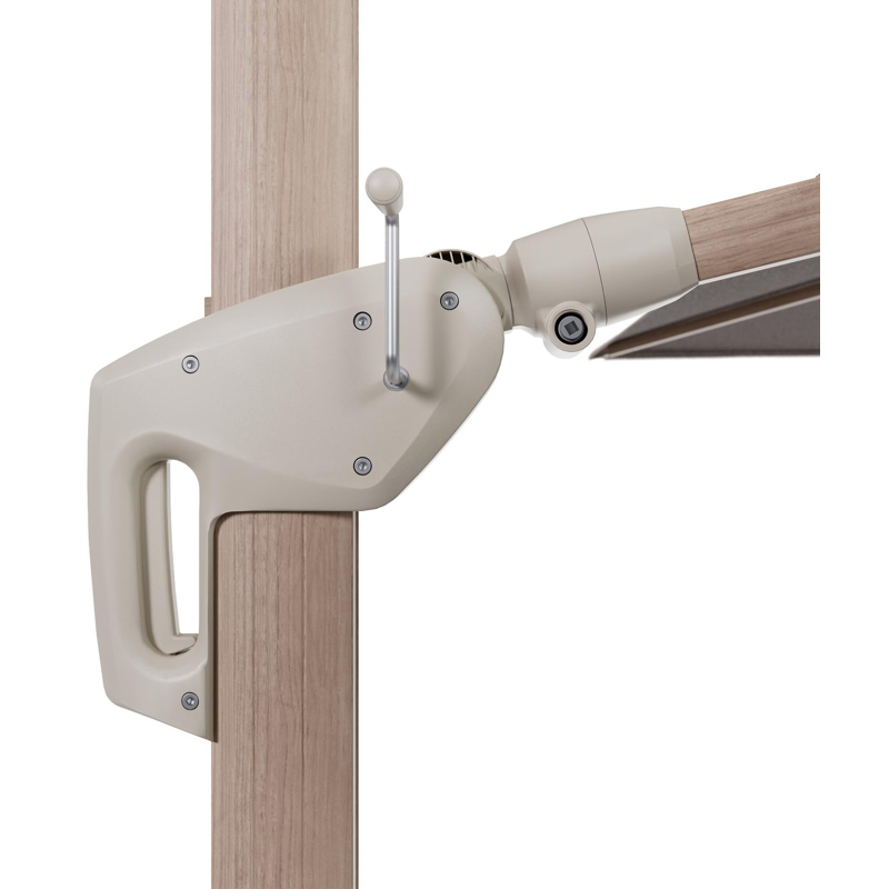 Minore zweefparasol met tiltfunctie in houtlook aluminium en Wander Granite All Weather Sunbrella® Luxe parasoldoek - L1 400 x L2 300 cm met parasolvoet Minore 260 kg met wielen