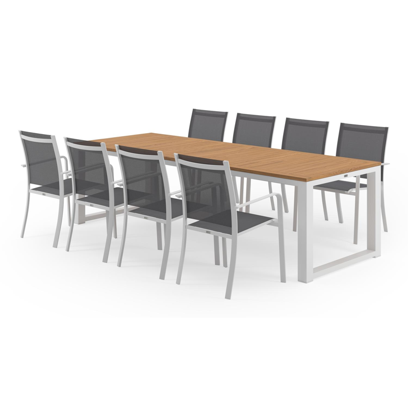 Livo tuinset in wit aluminium en naturel teak tafelblad met 8 stapelbare Calobra tuinstoelen