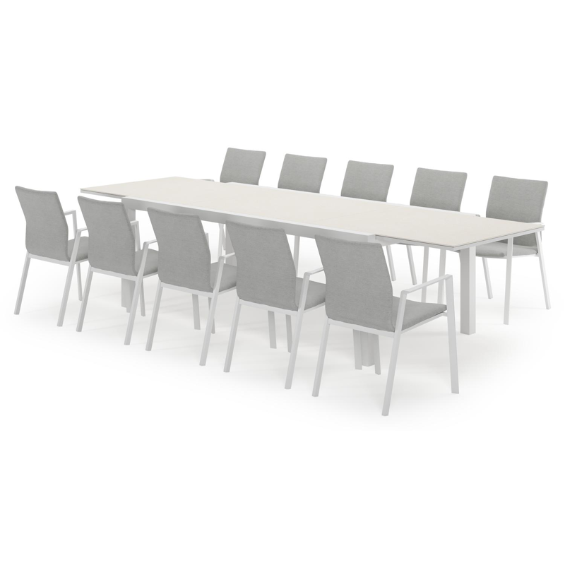 Calobra ensemble de jardin extensible rectangulaire en aluminium blanc en sintered stone crema minerale avec 10 chaises de jardin Madura