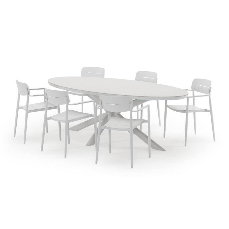 Pamplona ovale tuinset in wit aluminium en sintered stone topo minerale met 6 Cosa tuinstoelen
