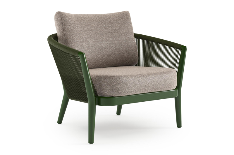 Orso loungestoel in groen aluminium en groen verticaal geweven ronde rope met Wander Manioc all weather sunbrella® luxe kussen