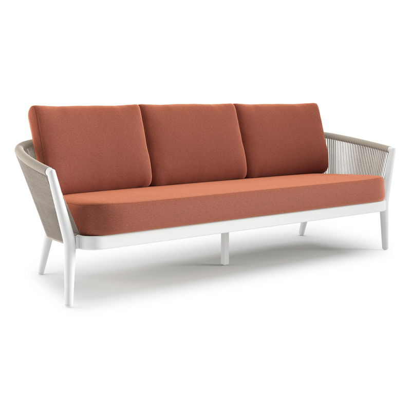 Canapé de jardin Orso en aluminium blanc en corde ronde tissée verticalement beige et coussins en all weather sunbrella® luxe Heritage Rust