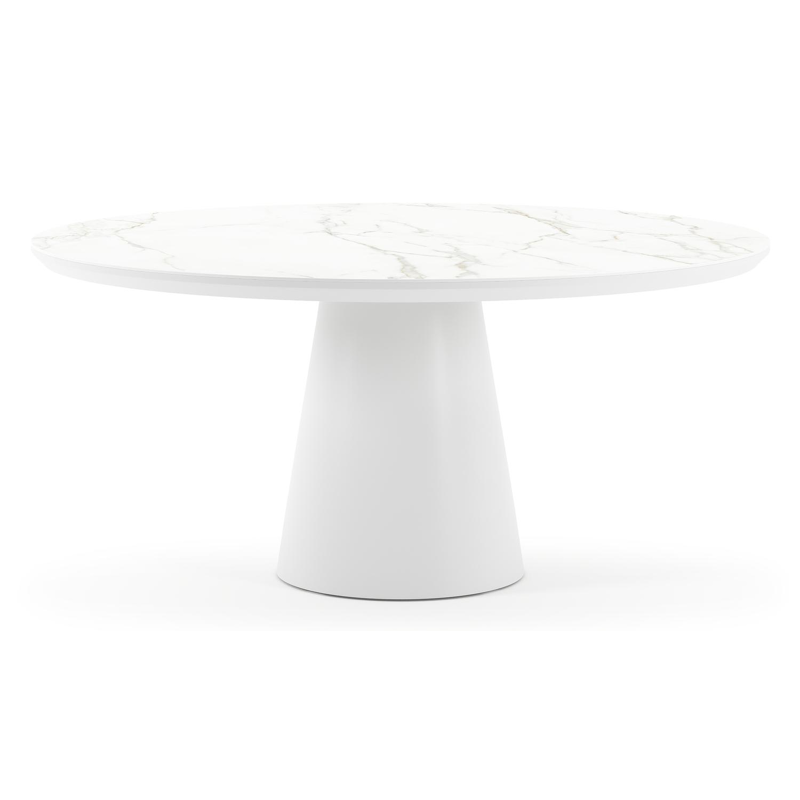 Table de jardin Donato en aluminium blanc et céramique pleine calacatta - Dia. 148 x H 75 cm