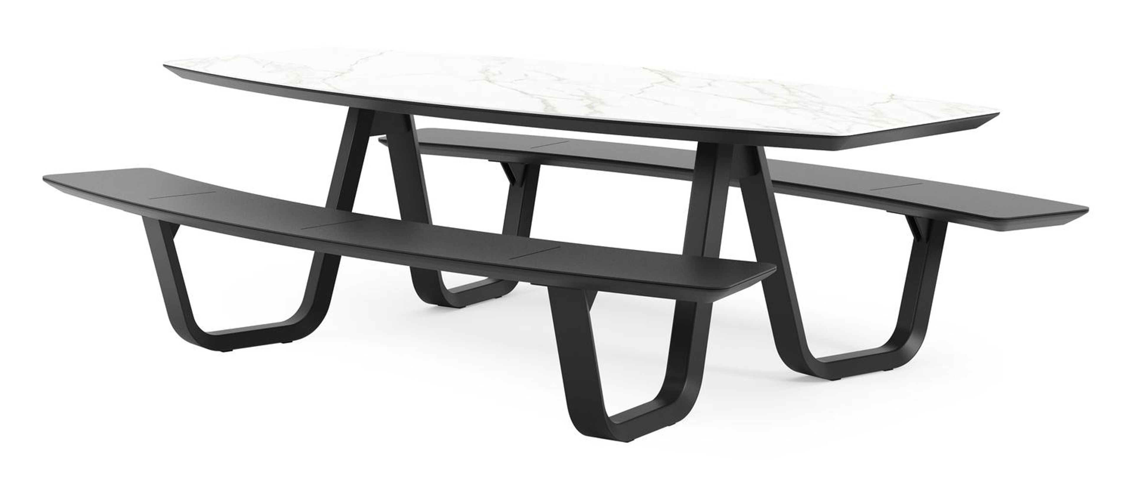 Table de pique-nique Forno forme de bateau forme de bateau en aluminium noir et céramique pleine Calacatta - Lg. 240 x Lrg. 181 x Haut. 72 cm