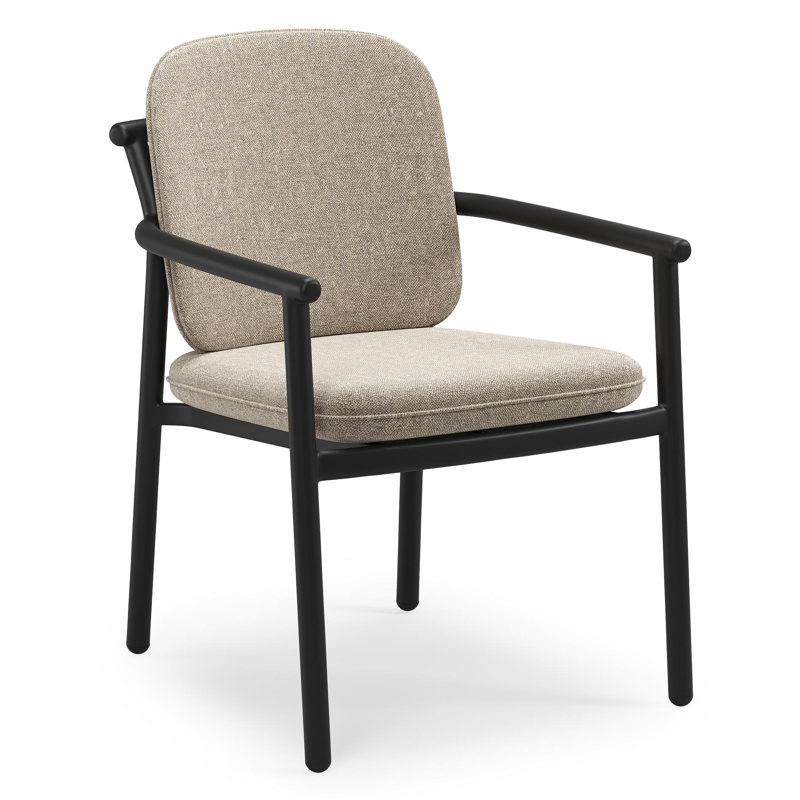 Bono stapelbare tuinstoel in zwart aluminium met stoelkussen in All Weather Sunbrella® Luxe Chartres Pewter