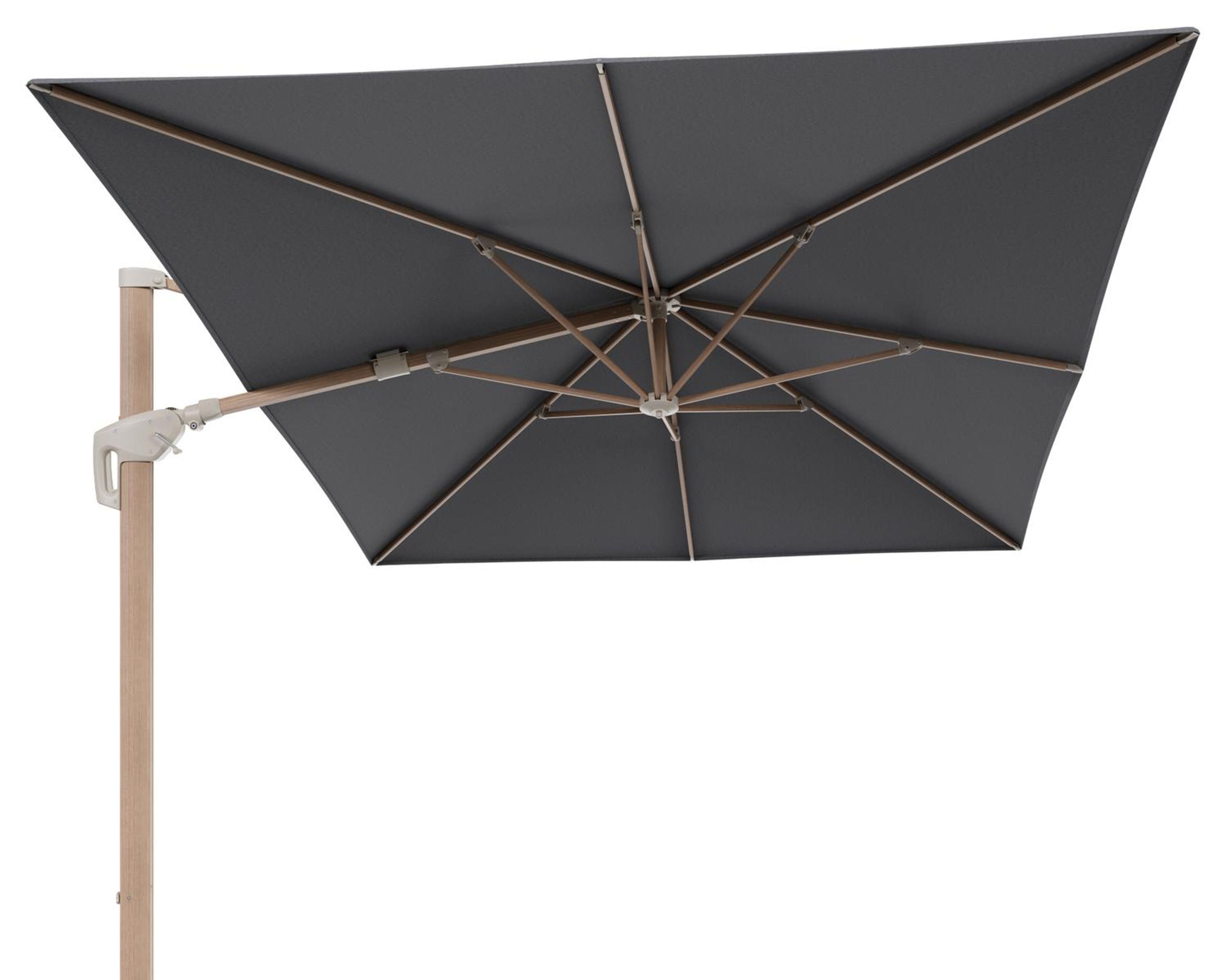 Parasol pendant Minore avec fonction tilt en aluminium aspect de bois et toile de parasol All Weather Sunbrella® Luxe Heritage Slate - Lg.1: 400 x Lg.2: 300 cm (sans pied de parasol)