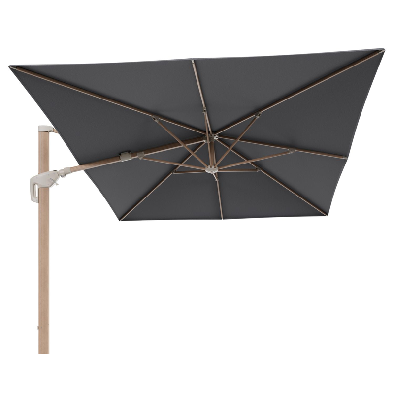 Parasol pendant Minore avec fonction tilt en aluminium aspect de bois et toile de parasol All Weather Sunbrella® Luxe Heritage Slate - Lg.1: 400 x Lg.2: 300 cm (sans pied de parasol)