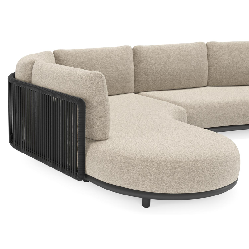 Salon de jardin d'angle Lomano en aluminium noir et corde luxe plate tissée verticalement noir et coussins en all weather cosytica catania sand