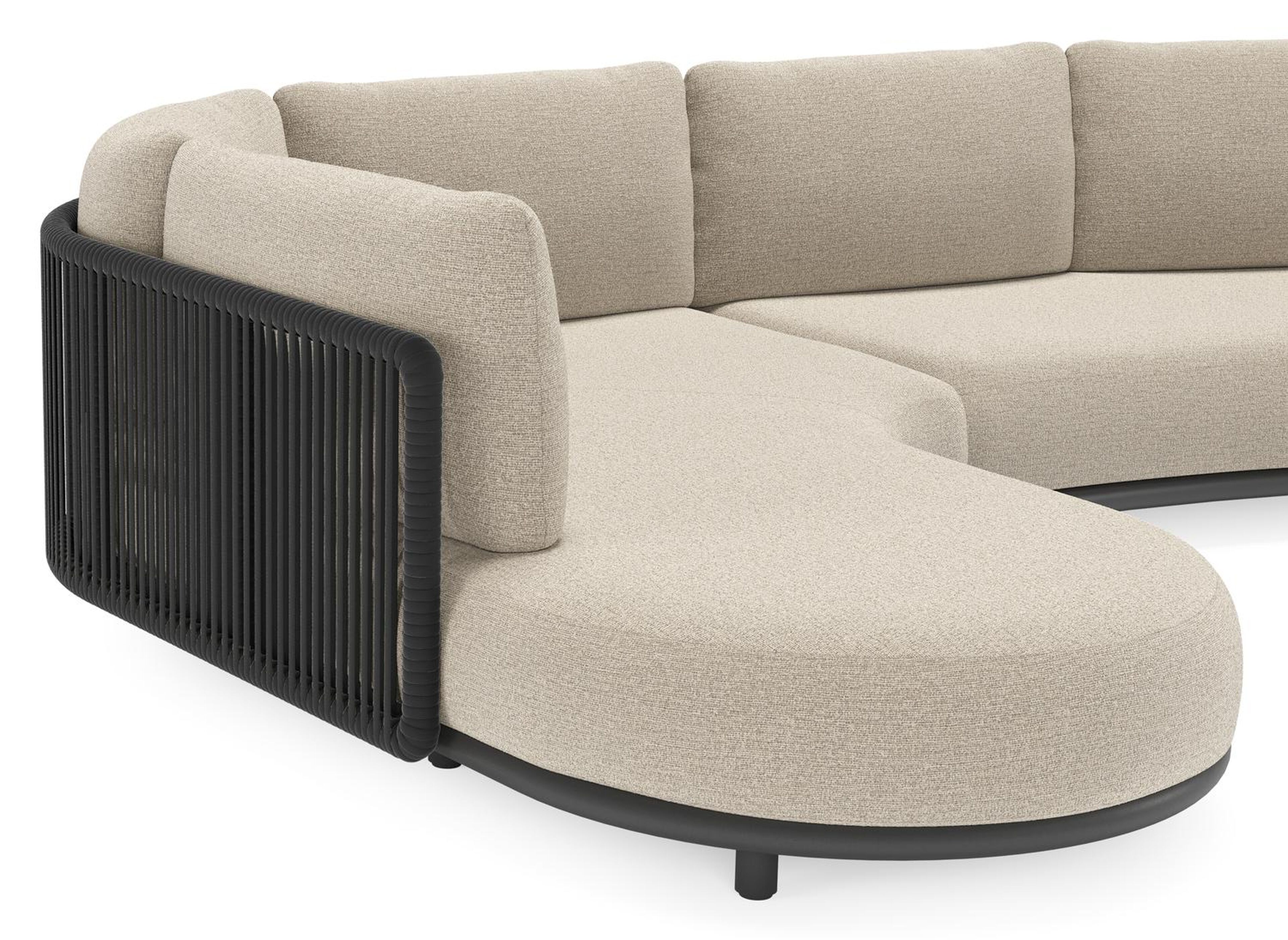 Lomano loungehoek in zwart aluminium en zwart verticaal geweven luxe vlakke rope met catania sand all weather cosytica kussen