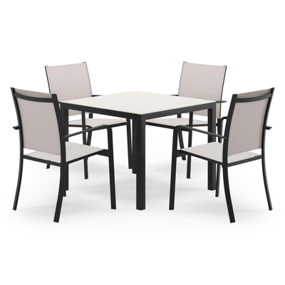 Feltro vierkante tuinset in zwart aluminium en sintered stone crema minerale met 4 Calobra tuinstoelen