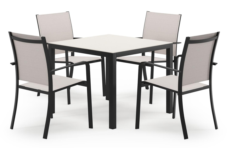 Feltro vierkante tuinset in zwart aluminium en sintered stone crema minerale met 4 Calobra tuinstoelen