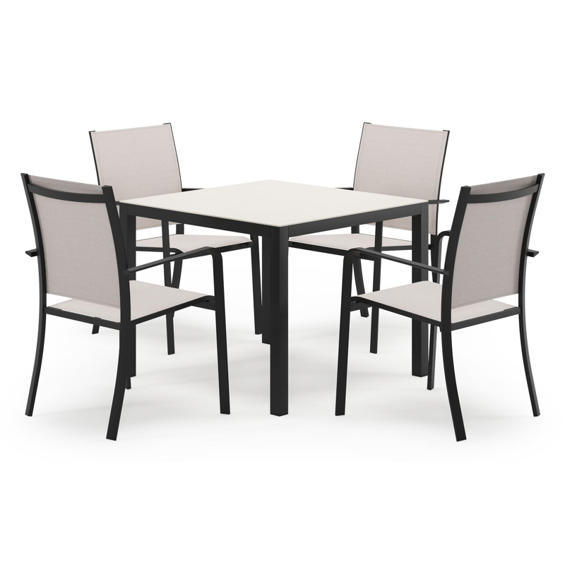 Feltro ensemble de jardin carré en aluminium noir en sintered stone crema minerale avec 4 chaises de jardin Calobra