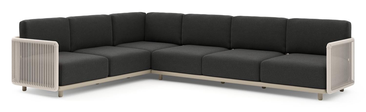 Organo loungehoek in beige aluminium en beige verticaal geweven luxe vlakke rope met chartres sooty all weather sunbrella® luxe kussens