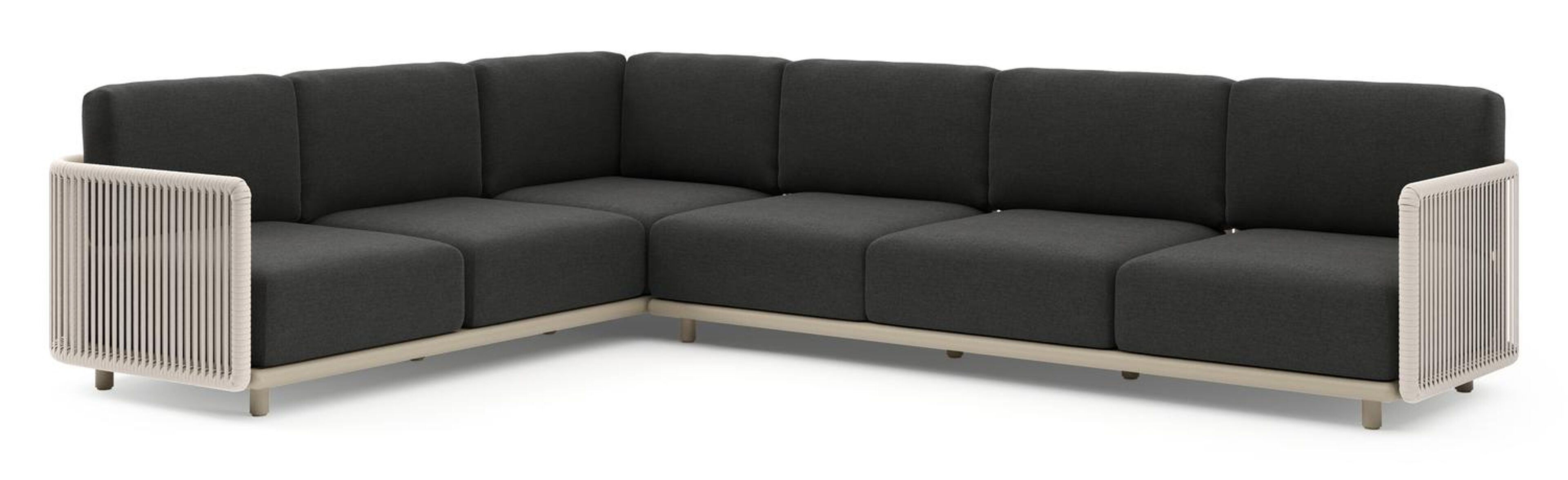 Organo loungehoek in beige aluminium en beige verticaal geweven luxe vlakke rope met chartres sooty all weather sunbrella® luxe kussens