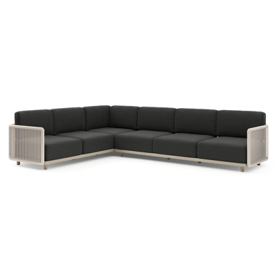 Organo loungehoek in beige aluminium en beige verticaal geweven luxe vlakke rope met chartres sooty all weather sunbrella® luxe kussens