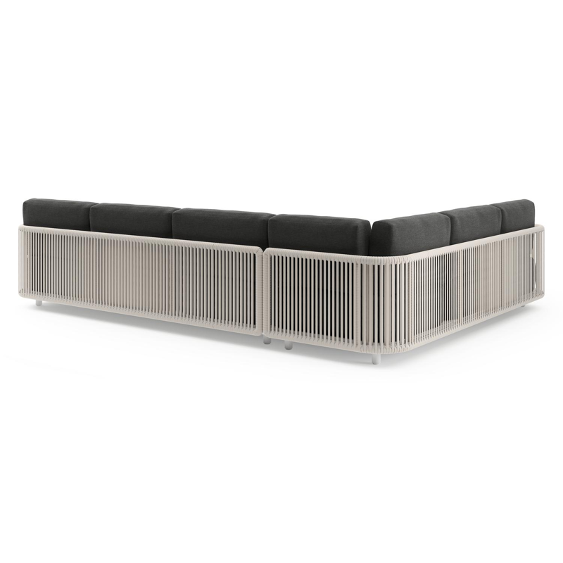 Organo loungehoek in wit aluminium en beige verticaal geweven luxe vlakke rope met chartres sooty all weather Sunbrella® luxe kussen