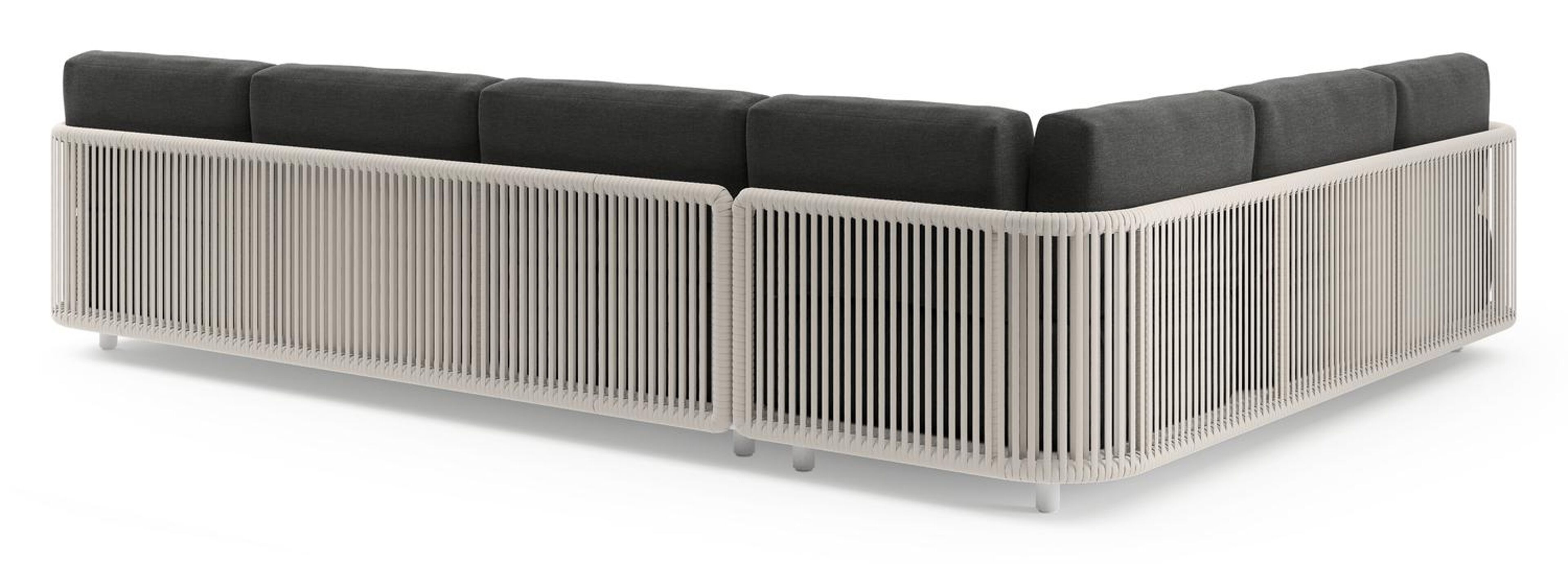 Organo loungehoek in wit aluminium en beige verticaal geweven luxe vlakke rope met chartres sooty all weather Sunbrella® luxe kussen