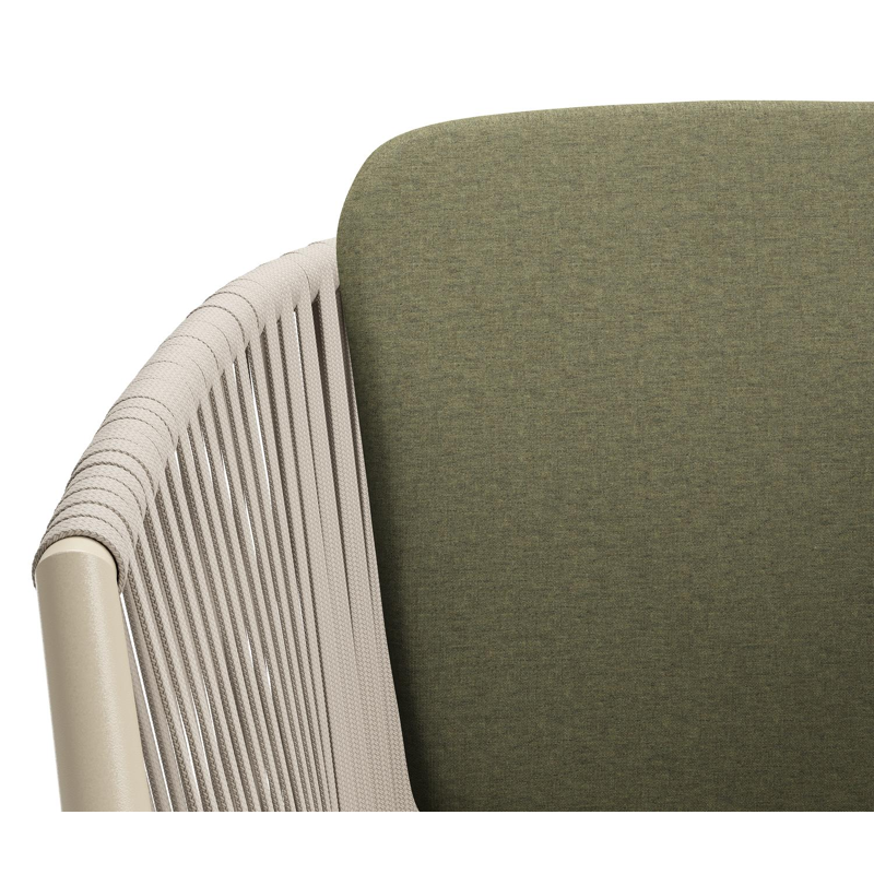 Chaise de jardin Orso en aluminium beige et corde plate tissée verticalement beige avec coussin en All Weather Sunbrella® Luxe Heritage Leaf