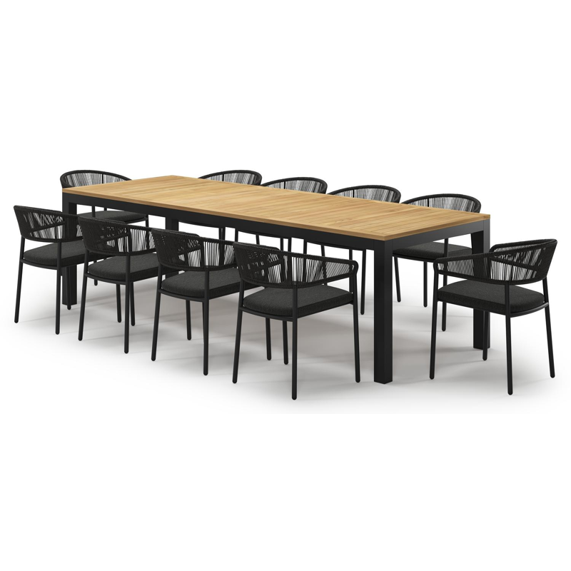 Varese tuinset in zwart aluminium en teak met 10 Zamora tuinstoelen