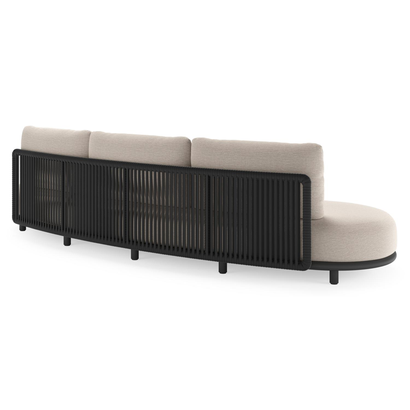 Salon de jardin Lomano en aluminium noir et corde luxe plate tissée verticalement noir et coussins en all weather sunbrella® luxe slow farafra
