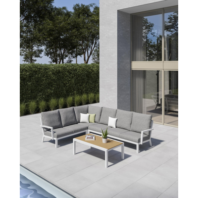 Alcudia loungehoek in wit aluminium en met grijs weather+ softtouch kussen en loungetafel