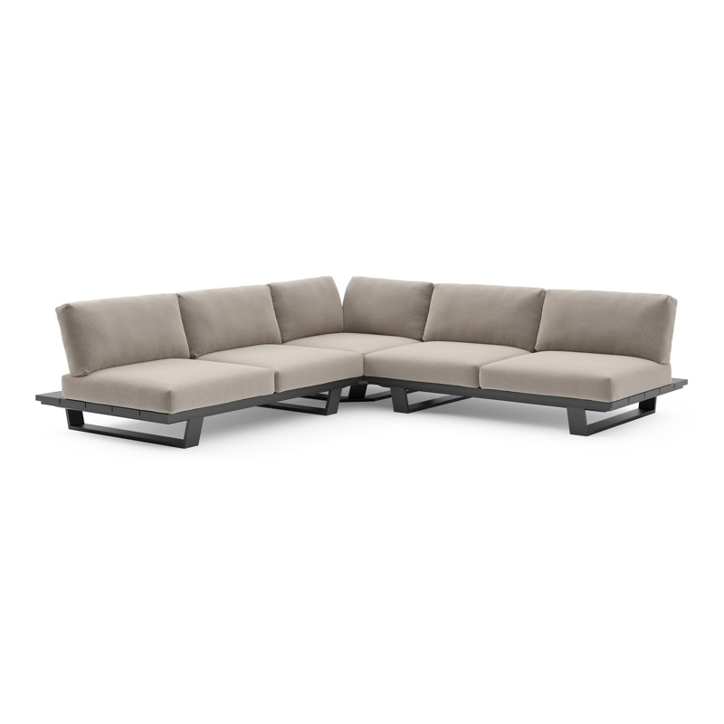 Salon de jardin d'angle Pagino en aluminium noir et coussins en all weather sunbrella® luxe savane coconut