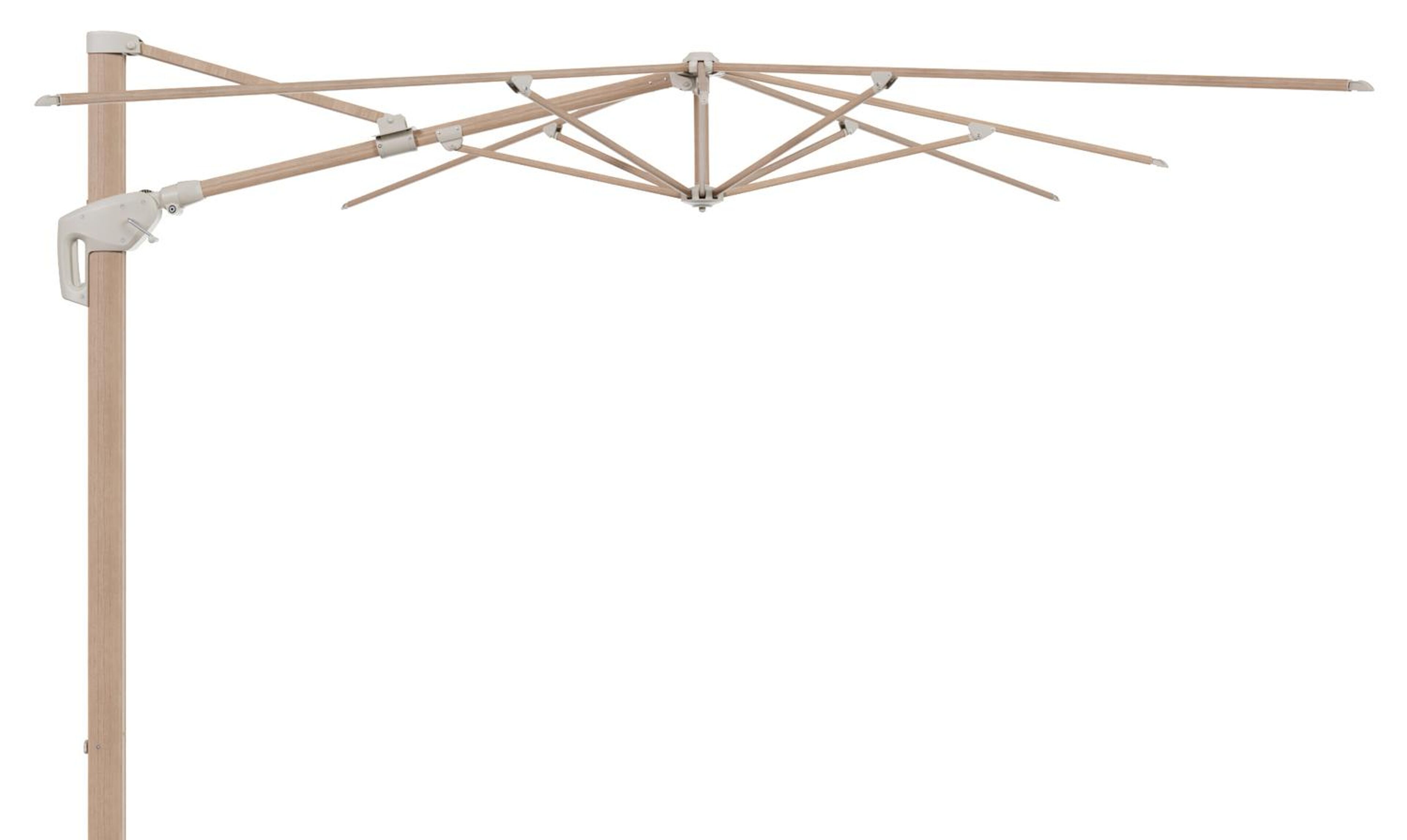 Minore zweefparasol met tiltfunctie in houtlook aluminium en Lopi Marble All Weather Sunbrella® Luxe parasoldoek - L1: 400 x L2: 300 cm (zonder voet)