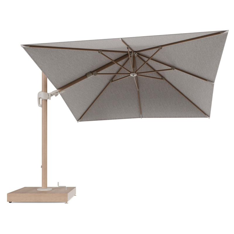 Rufina zweefparasol met tiltfunctie in houtlook aluminium en Tundra Sand All Weather Sunbrella® Luxe parasoldoek - L1 300 x L2 300 cm met parasolvoet Minore 260 kg met wielen