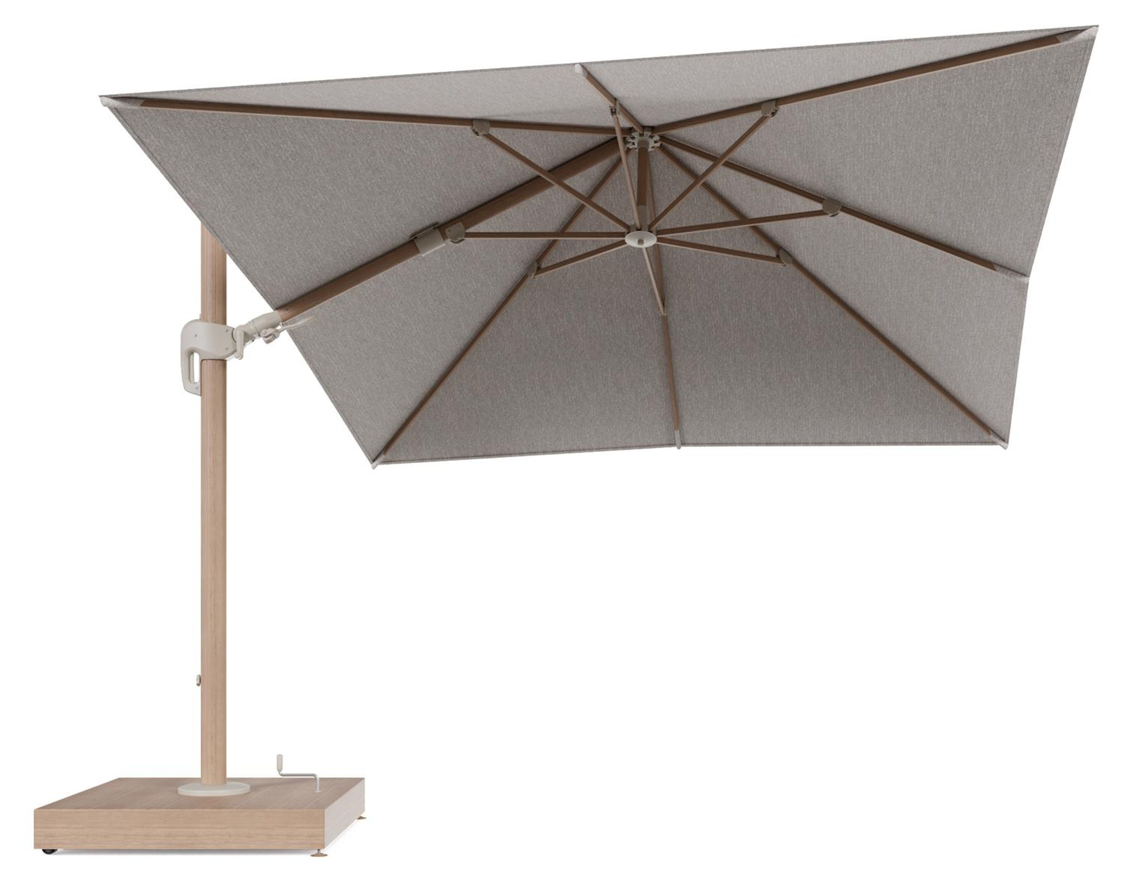 Rufina zweefparasol met tiltfunctie in houtlook aluminium en Tundra Sand All Weather Sunbrella® Luxe parasoldoek - L1 300 x L2 300 cm met parasolvoet Minore 260 kg met wielen