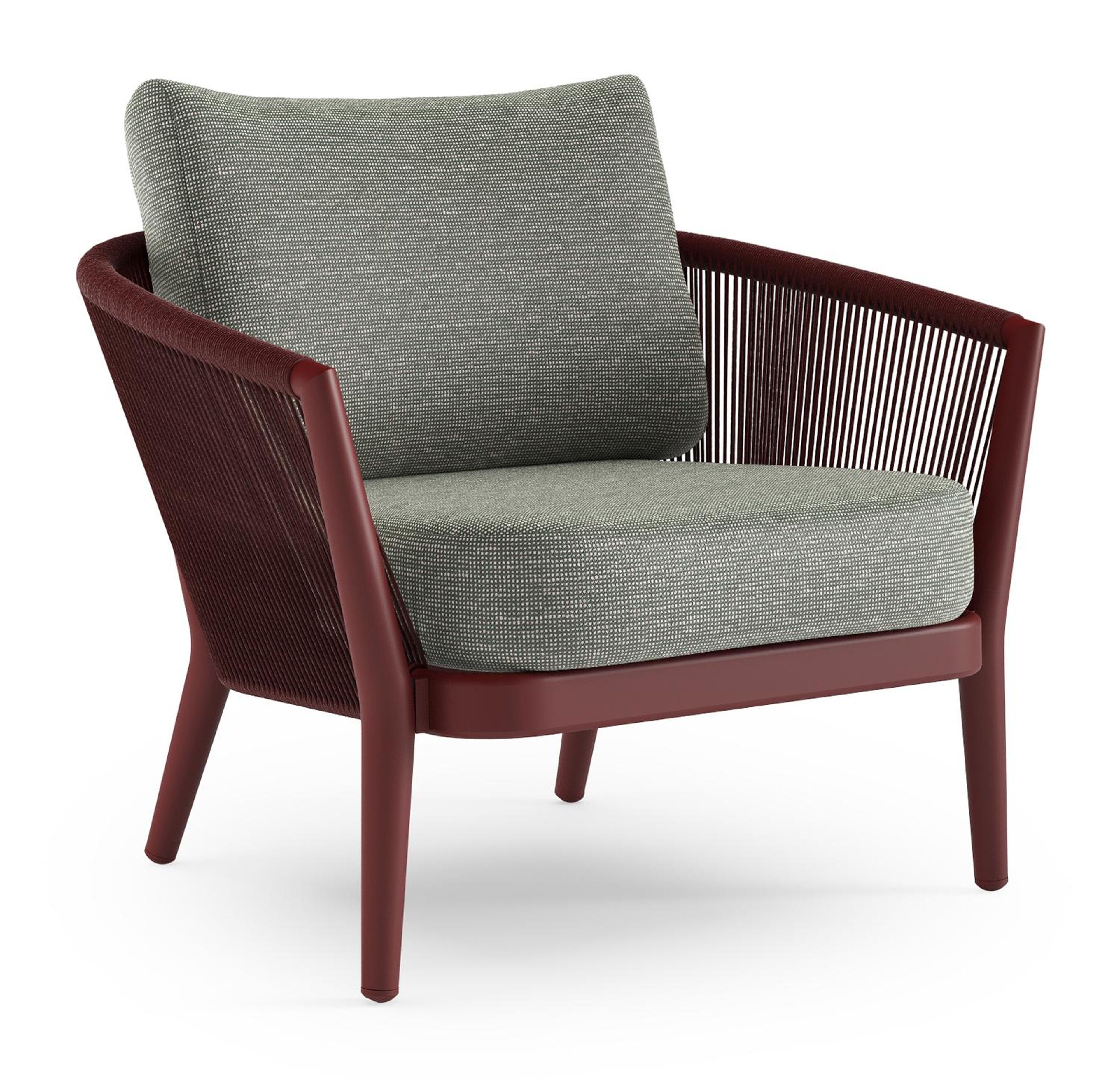 Orso loungestoel in ruby aluminium en ruby verticaal geweven ronde rope met Slow Fern all weather sunbrella® luxe kussen