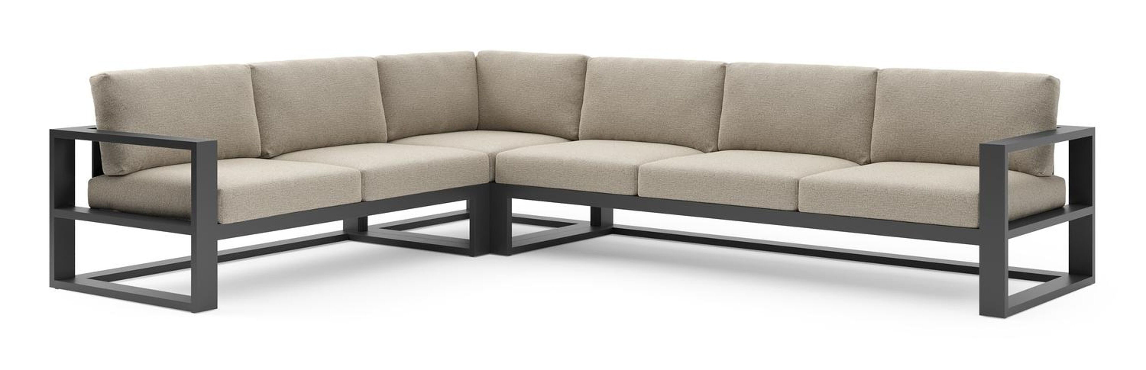 Salon de jardin d'angle Verato en aluminium noir et coussins en all weather cosytica catania beige