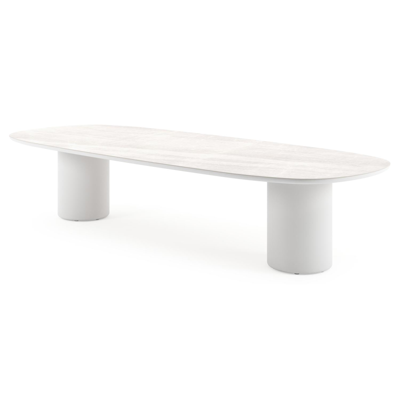 Amico low dining tuintafel bombo in wit aluminium en volkeramiek Taj Mahal - L 320 x B 130 x H 61 cm